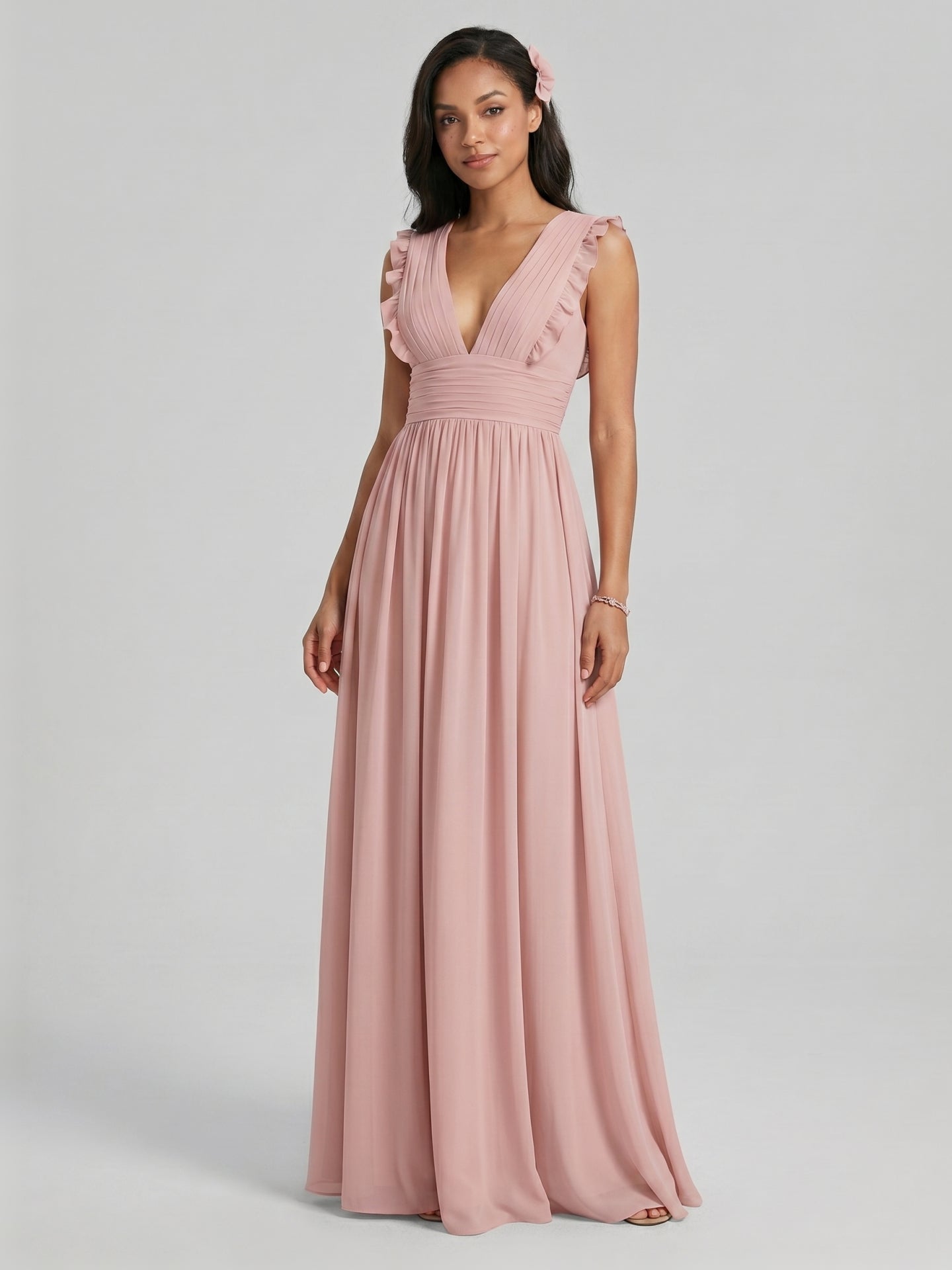 Sweet & Flowy Dusty Rose Chiffon Empire V-Neck Ankle-Length Bridesmaid Dress with Minimalist Design
