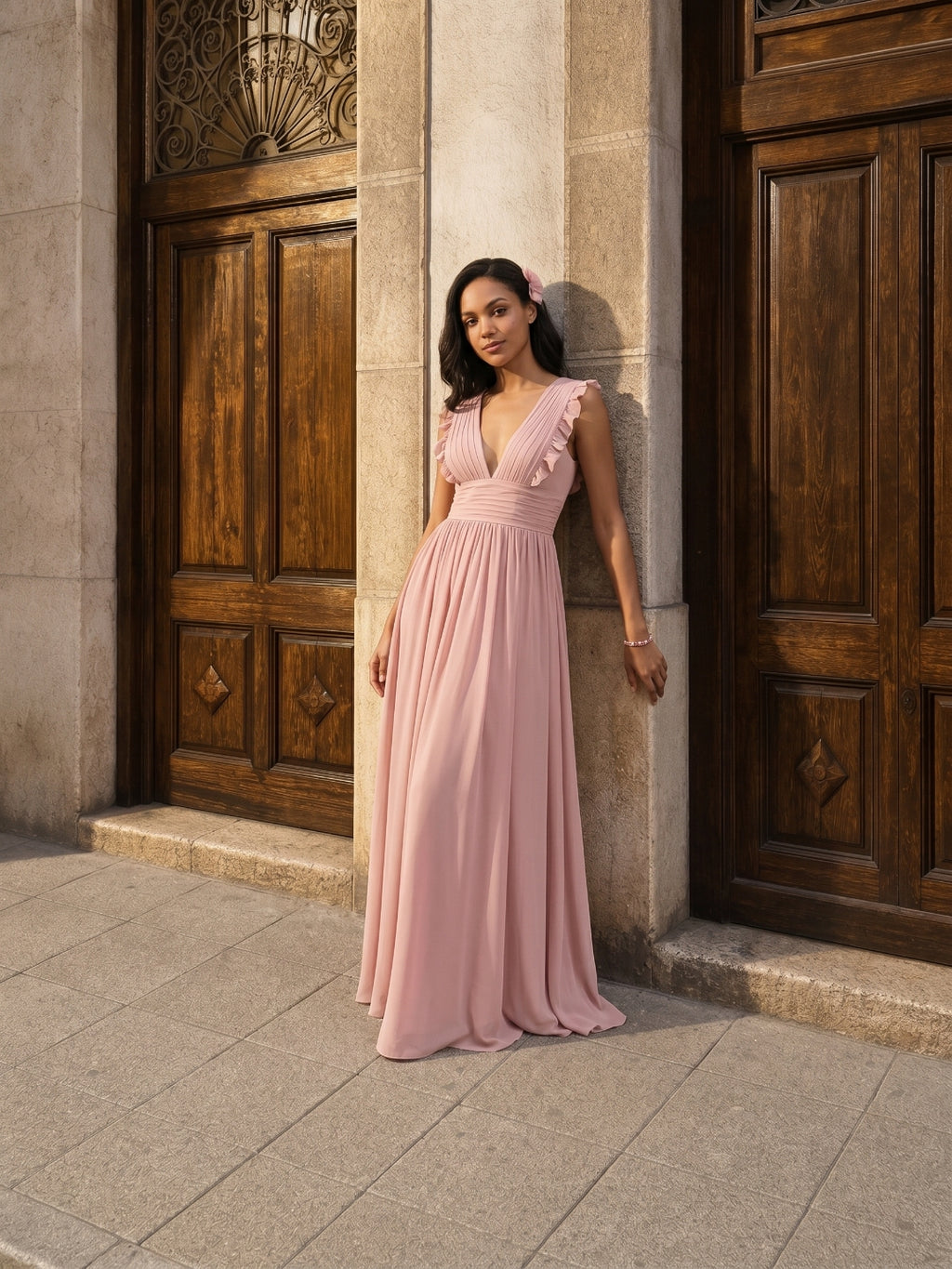 Sweet & Flowy Dusty Rose Chiffon Empire V-Neck Ankle-Length Bridesmaid Dress with Minimalist Design
