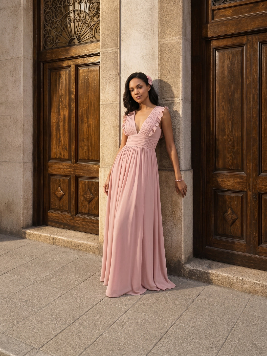 Sweet & Flowy Dusty Rose Chiffon Empire V-Neck Ankle-Length Bridesmaid Dress with Minimalist Design