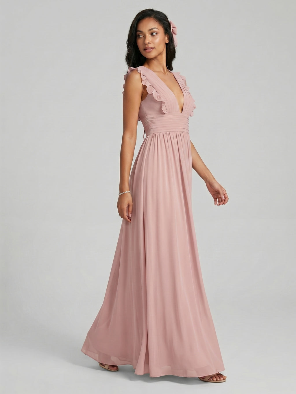 Sweet & Flowy Dusty Rose Chiffon Empire V-Neck Ankle-Length Bridesmaid Dress with Minimalist Design