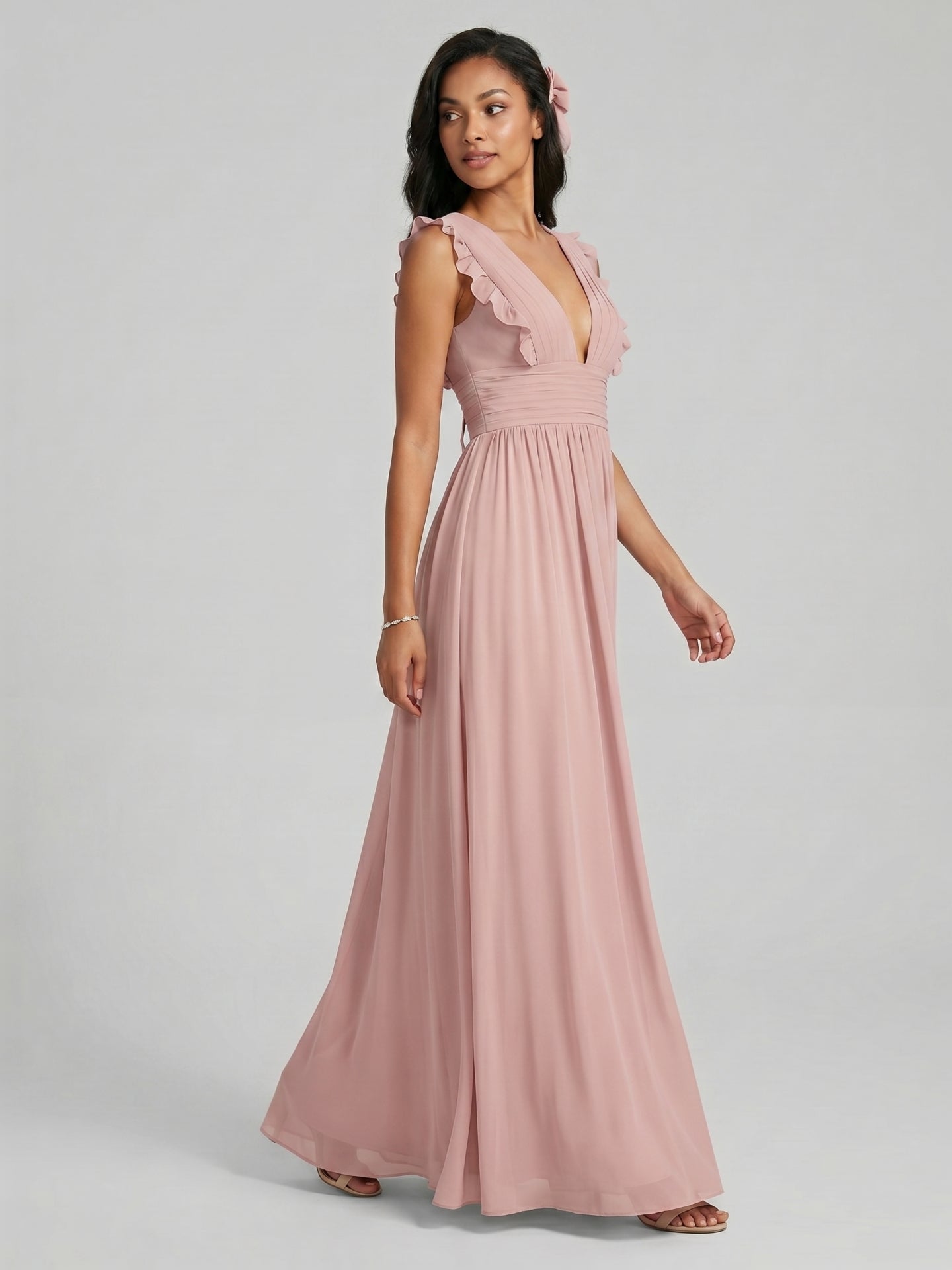 Sweet & Flowy Dusty Rose Chiffon Empire V-Neck Ankle-Length Bridesmaid Dress with Minimalist Design