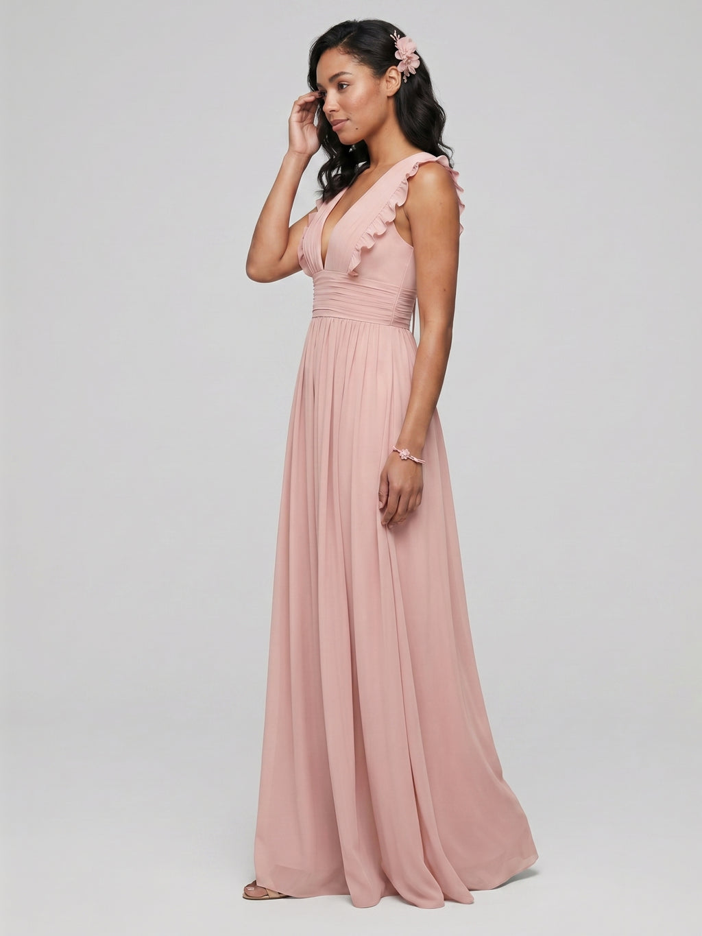 Sweet & Flowy Dusty Rose Chiffon Empire V-Neck Ankle-Length Bridesmaid Dress with Minimalist Design