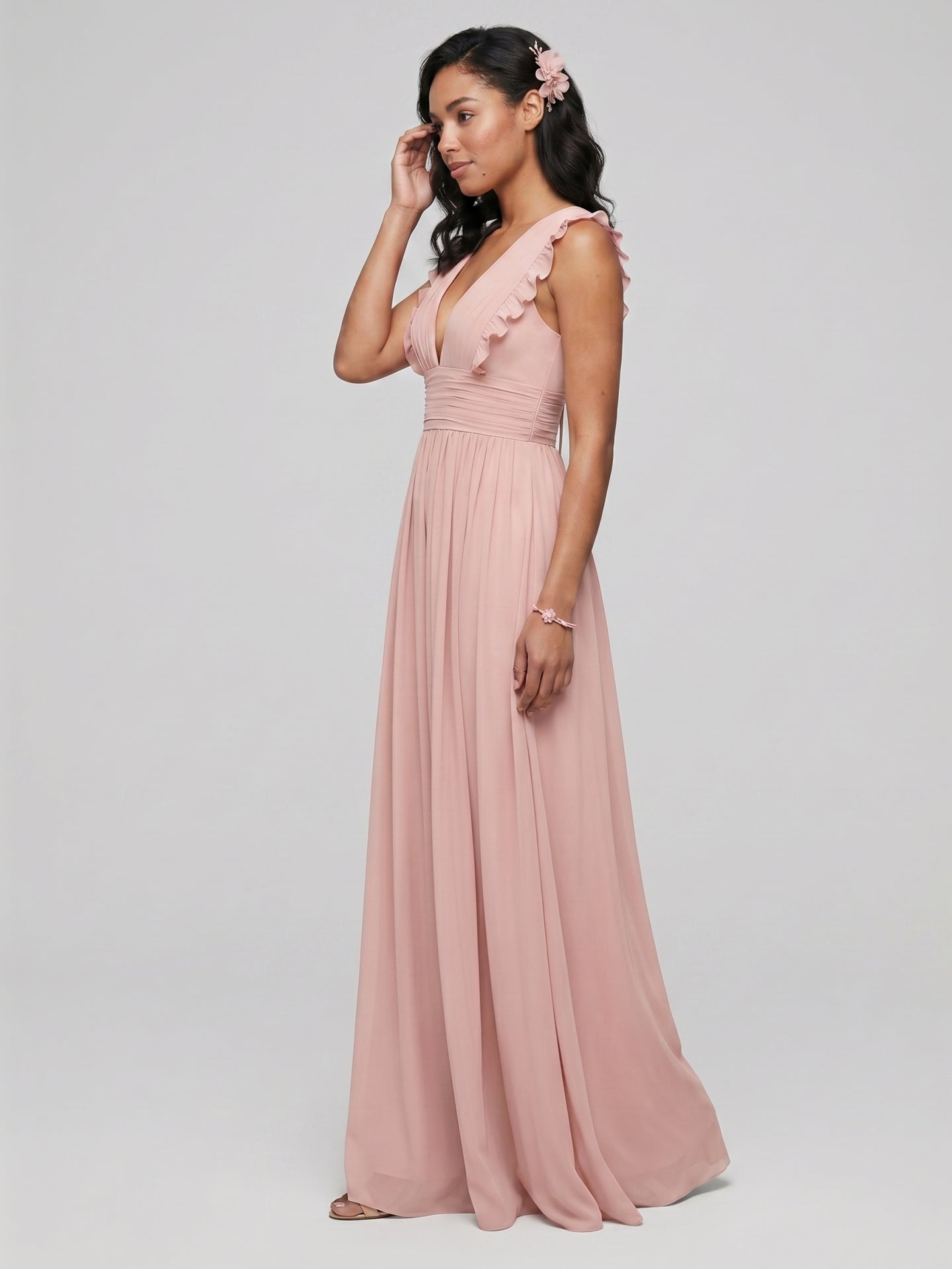 Sweet & Flowy Dusty Rose Chiffon Empire V-Neck Ankle-Length Bridesmaid Dress with Minimalist Design