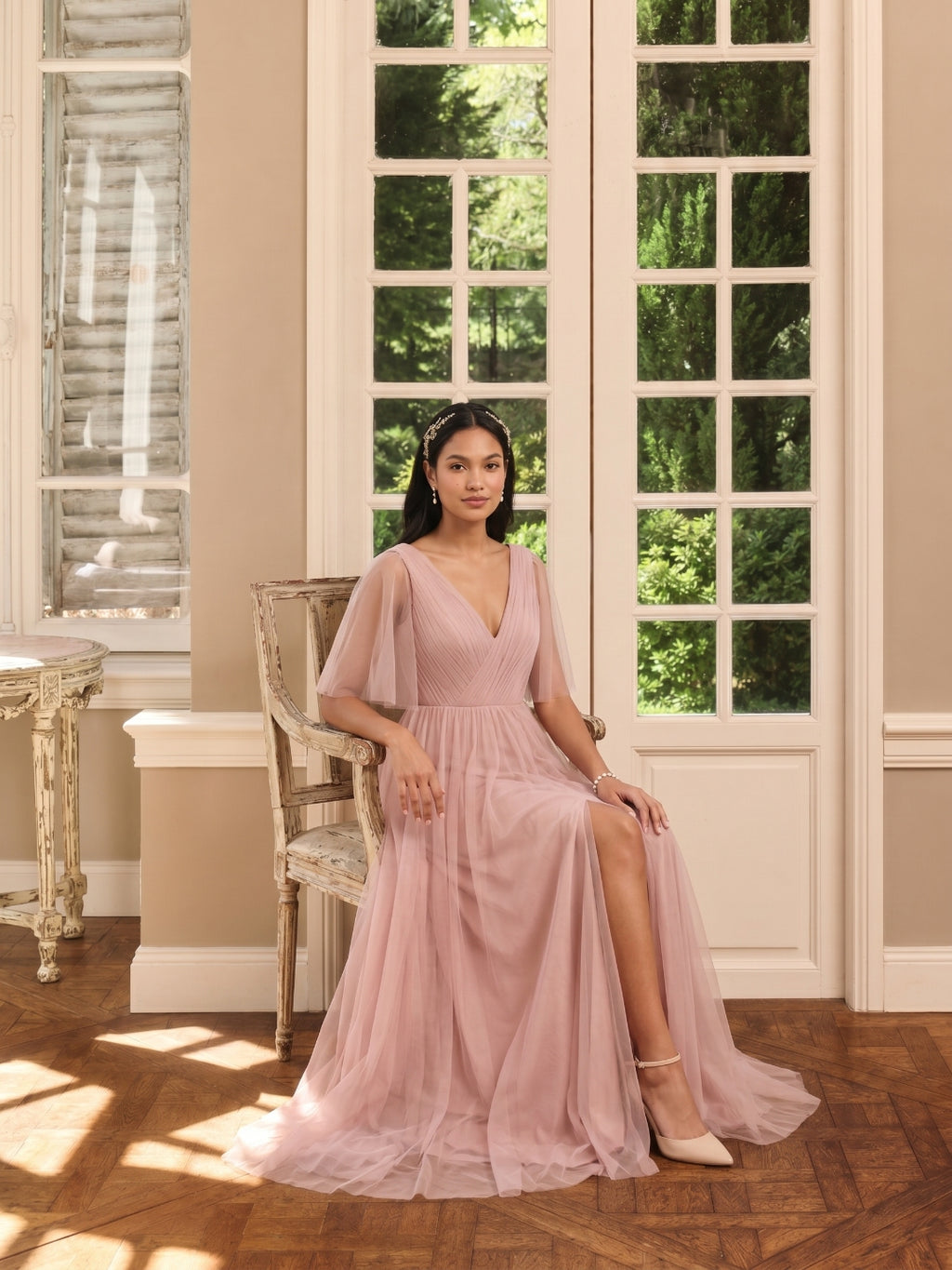 Sweet & Flowy Dusty Rose Tulle A-Line V-Neck Ankle-Length Bridesmaid Dress with Minimalist Design