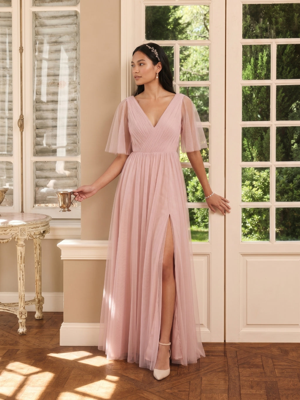 Sweet & Flowy Dusty Rose Tulle A-Line V-Neck Ankle-Length Bridesmaid Dress with Minimalist Design
