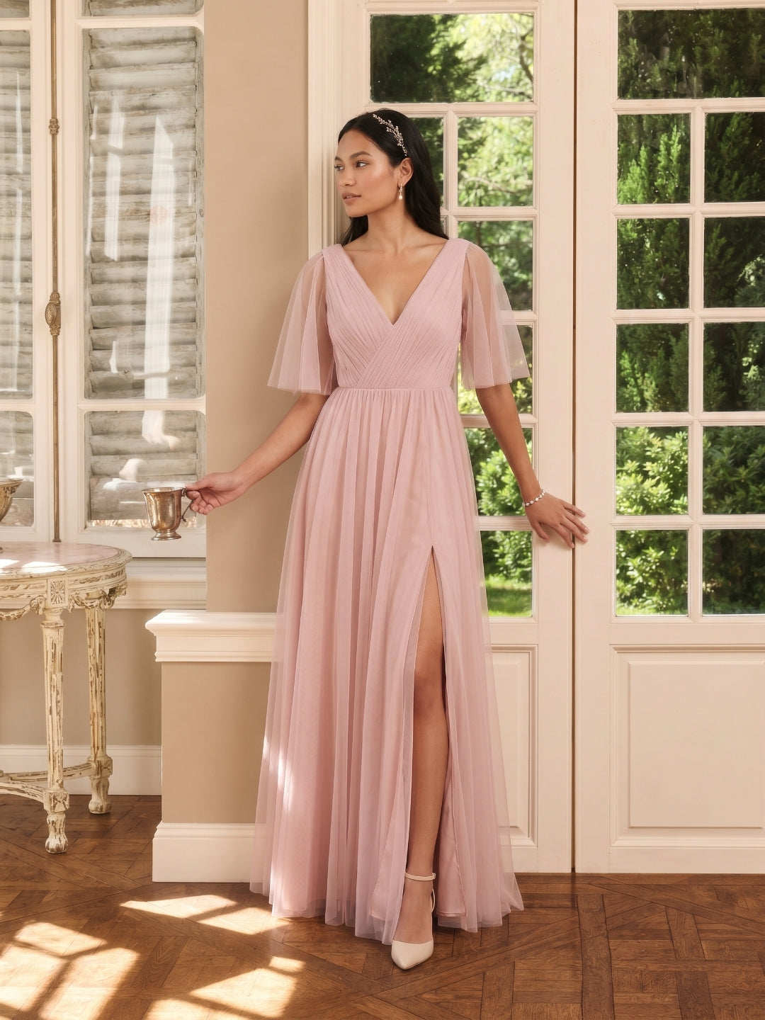 Sweet & Flowy Dusty Rose Tulle A-Line V-Neck Ankle-Length Bridesmaid Dress with Minimalist Design