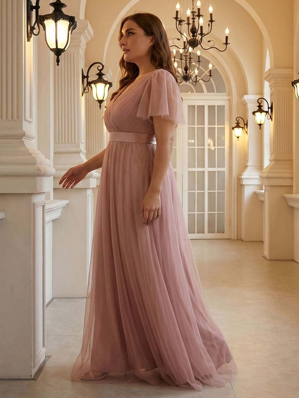 Sweet & Flowy Dusty Rose Tulle Empire V-Neck Back Zip Ankle-Length Plus Size Bridesmaid Dress