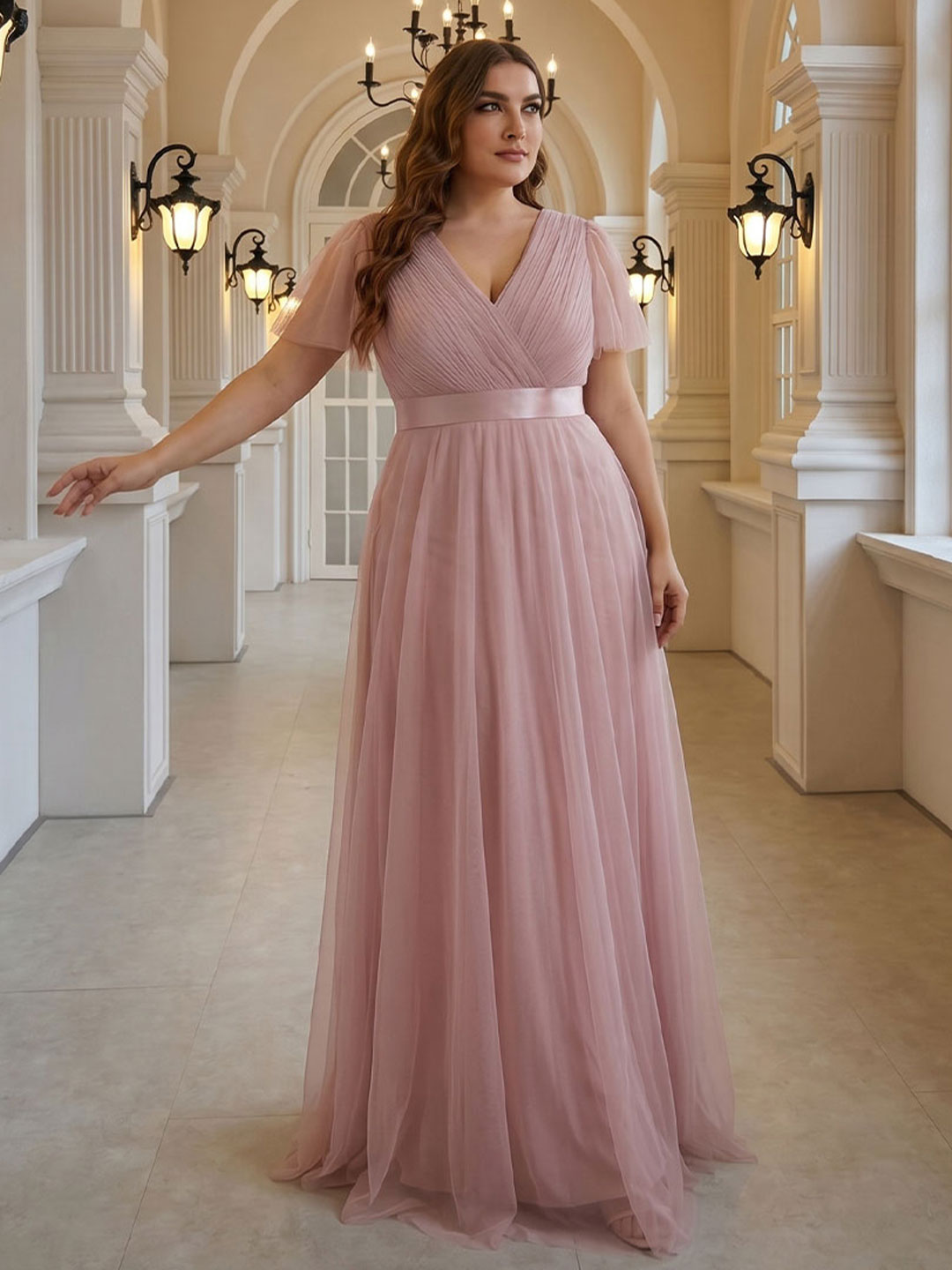 Sweet & Flowy Dusty Rose Tulle Empire V-Neck Back Zip Ankle-Length Plus Size Bridesmaid Dress