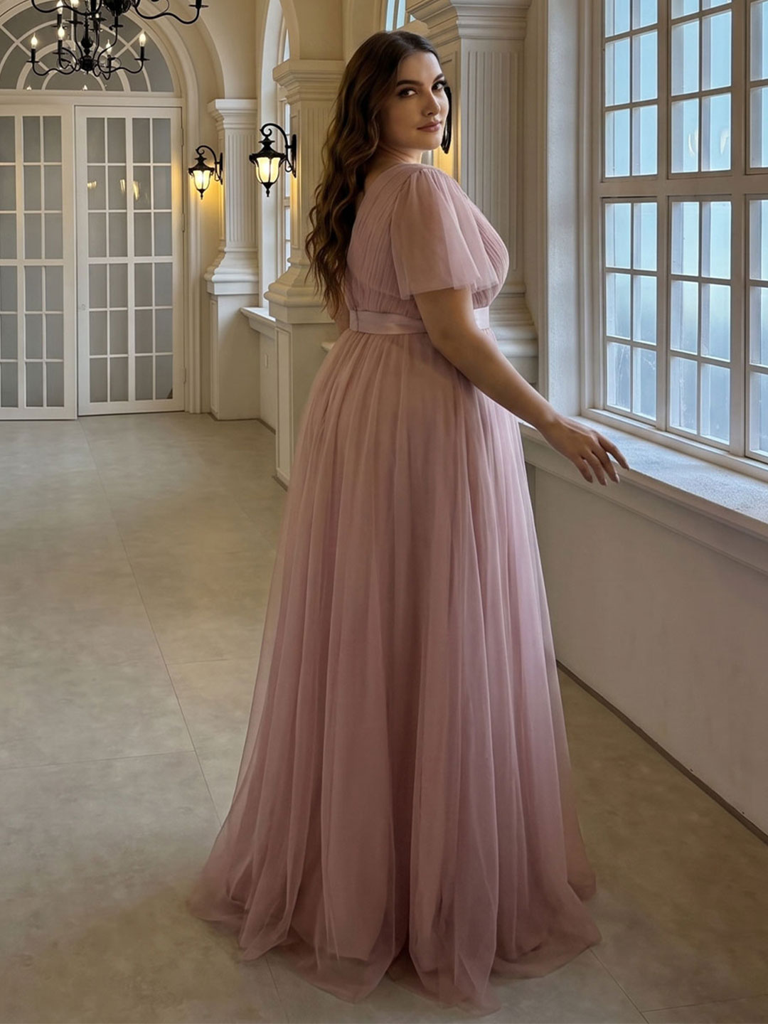 Sweet & Flowy Dusty Rose Tulle Empire V-Neck Back Zip Ankle-Length Plus Size Bridesmaid Dress