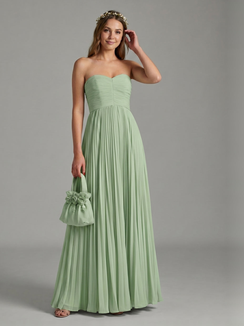 Sweet & Flowy Dusty Sage Chiffon A-Line Off-the-Shoulder Back Zip with Pleated Ankle-Length Bridesmaid Dress