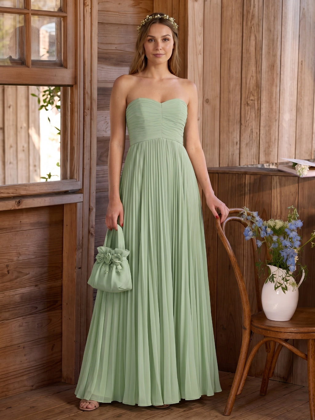Sweet & Flowy Dusty Sage Chiffon A-Line Off-the-Shoulder Back Zip with Pleated Ankle-Length Bridesmaid Dress