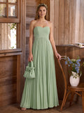 Sweet & Flowy Dusty Sage Chiffon A-Line Off-the-Shoulder Back Zip with Pleated Ankle-Length Bridesmaid Dress