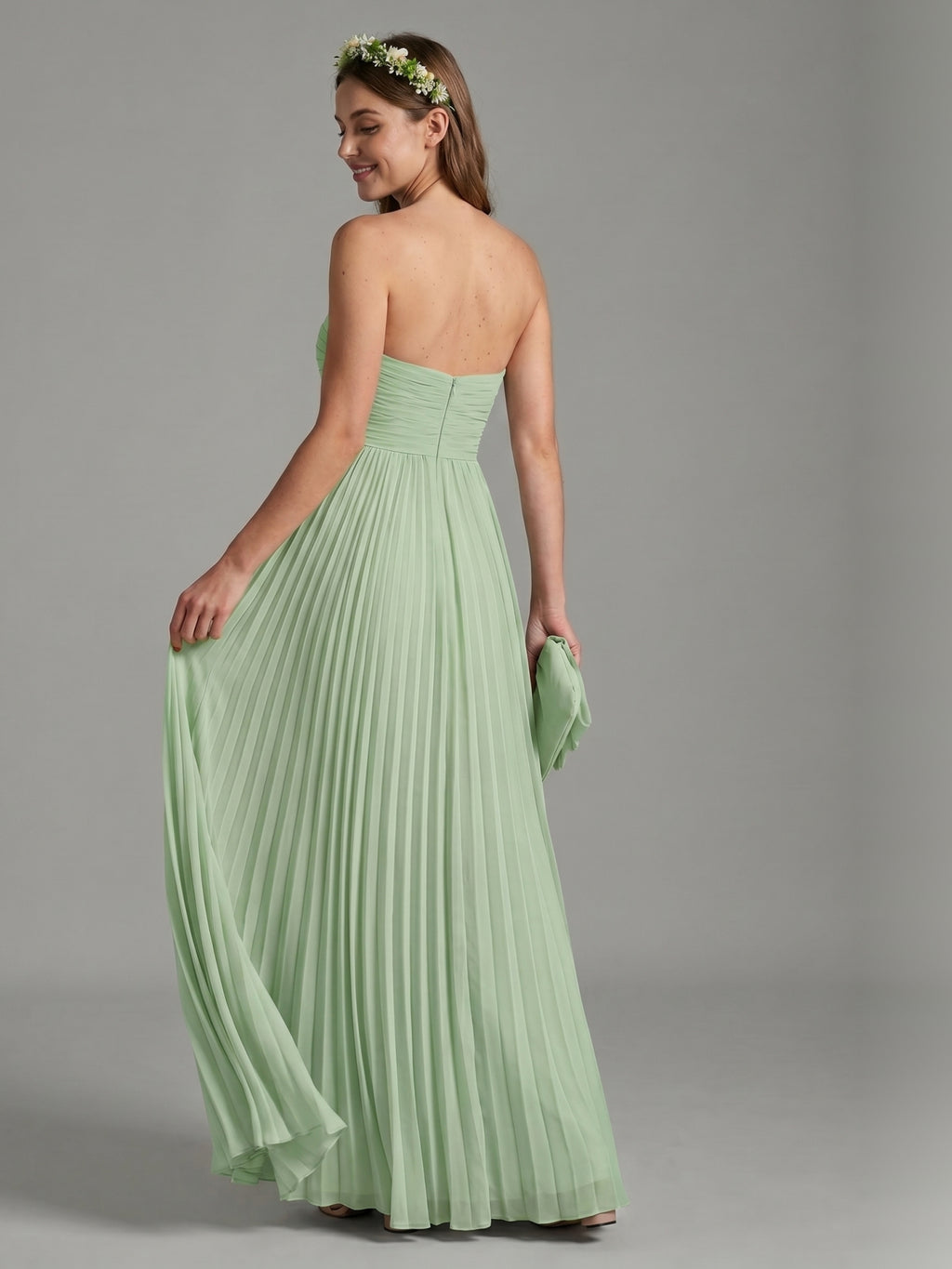 Sweet & Flowy Dusty Sage Chiffon A-Line Off-the-Shoulder Back Zip with Pleated Ankle-Length Bridesmaid Dress
