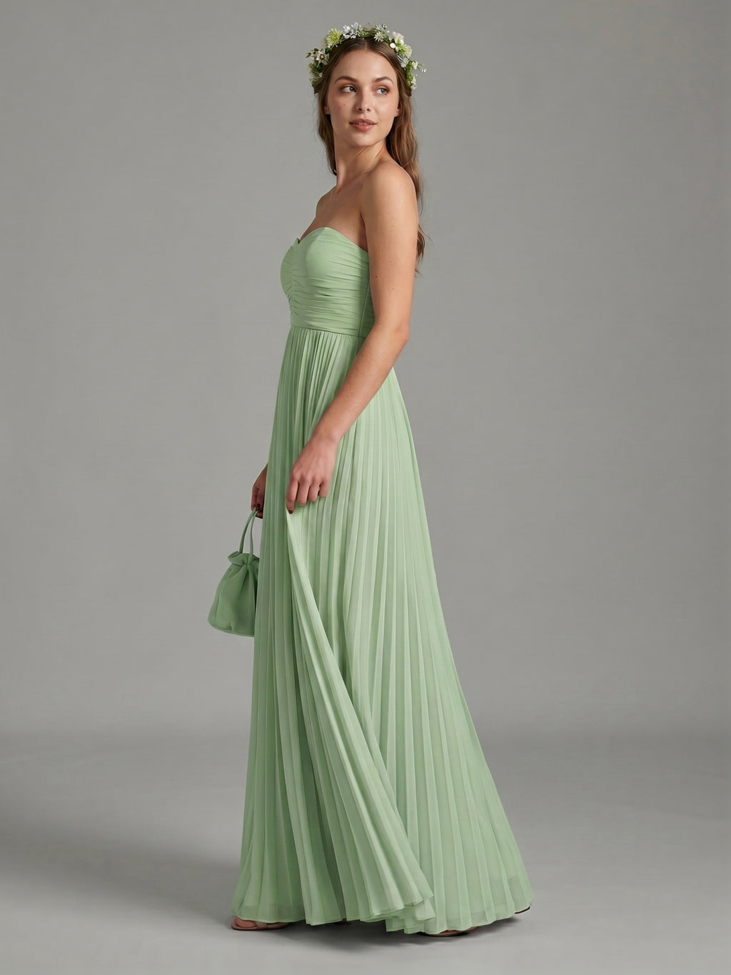 Sweet & Flowy Dusty Sage Chiffon A-Line Off-the-Shoulder Back Zip with Pleated Ankle-Length Bridesmaid Dress