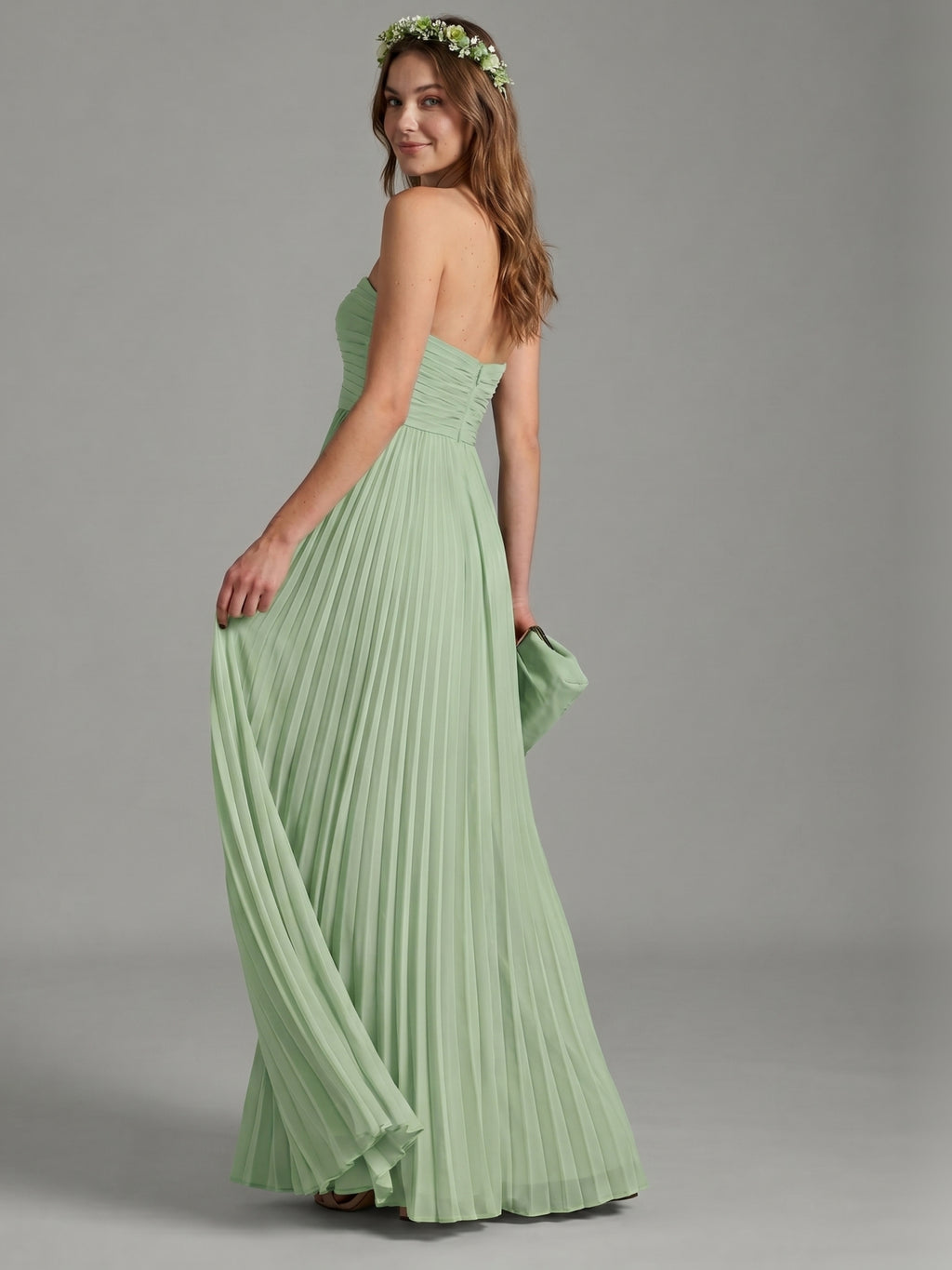 Sweet & Flowy Dusty Sage Chiffon A-Line Off-the-Shoulder Back Zip with Pleated Ankle-Length Bridesmaid Dress