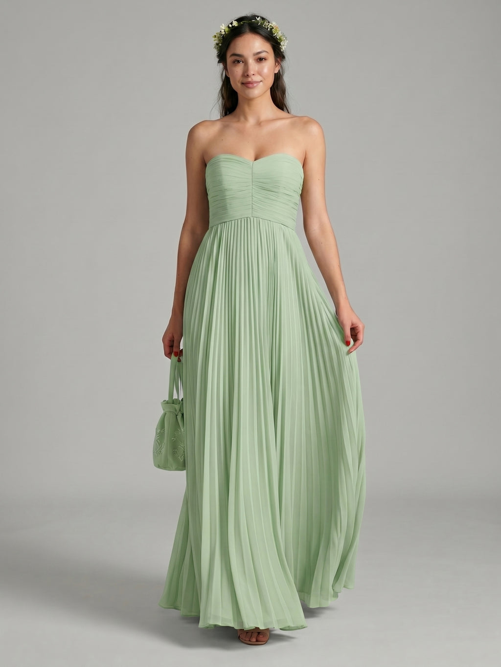 Sweet & Flowy Dusty Sage Chiffon A-Line Off-the-Shoulder Back Zip with Pleated Ankle-Length Bridesmaid Dress