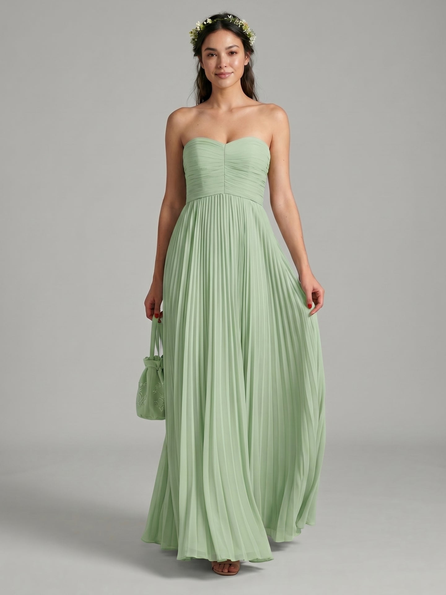 Sweet & Flowy Dusty Sage Chiffon A-Line Off-the-Shoulder Back Zip with Pleated Ankle-Length Bridesmaid Dress