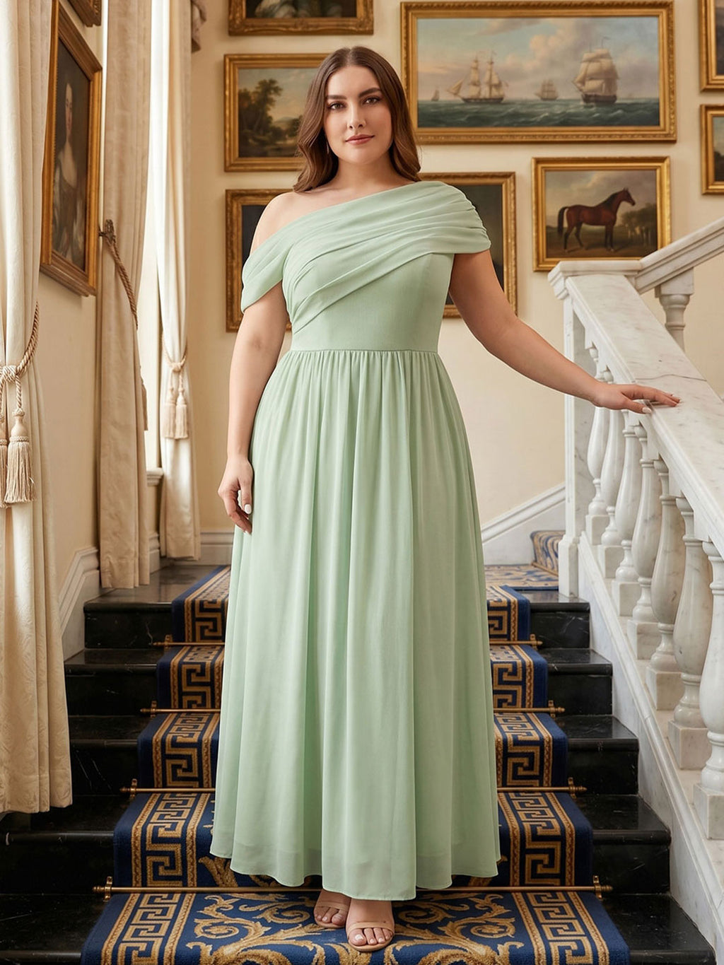 Sweet & Flowy Dusty Sage Chiffon A-Line One Shoulder Back Zip Ankle-Length Plus Size Bridesmaid Dress