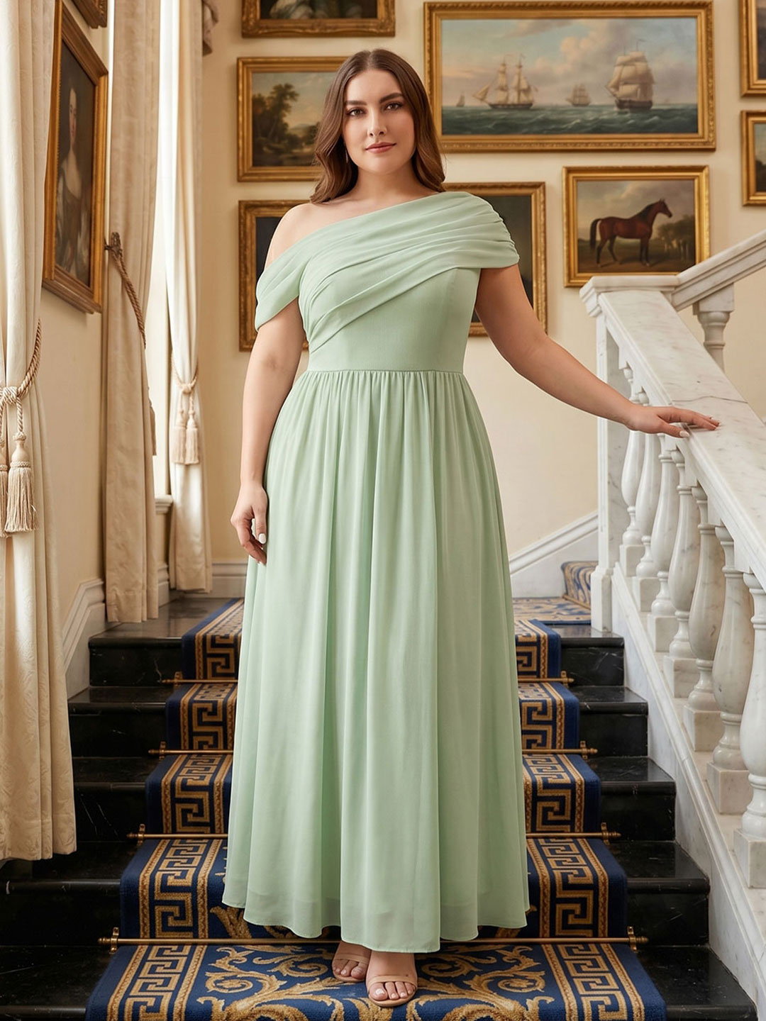 Sweet & Flowy Dusty Sage Chiffon A-Line One Shoulder Back Zip Ankle-Length Plus Size Bridesmaid Dress