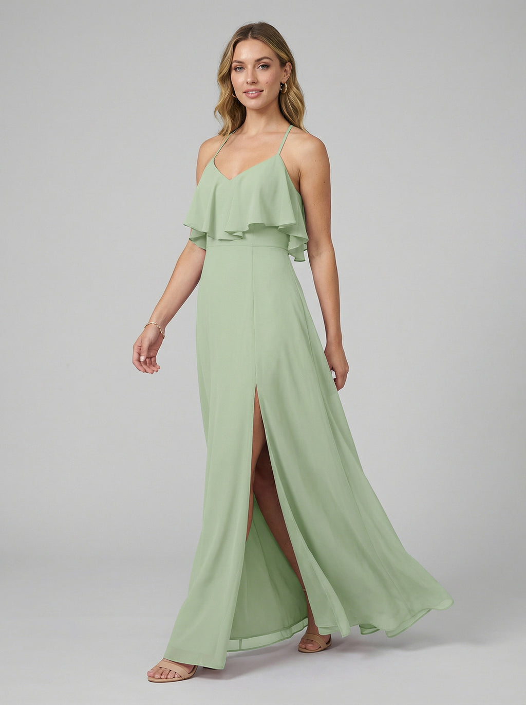 Sweet & Flowy Dusty Sage Chiffon A-Line Sweetheart V-Back Ankle-Length Bridesmaid Dress
