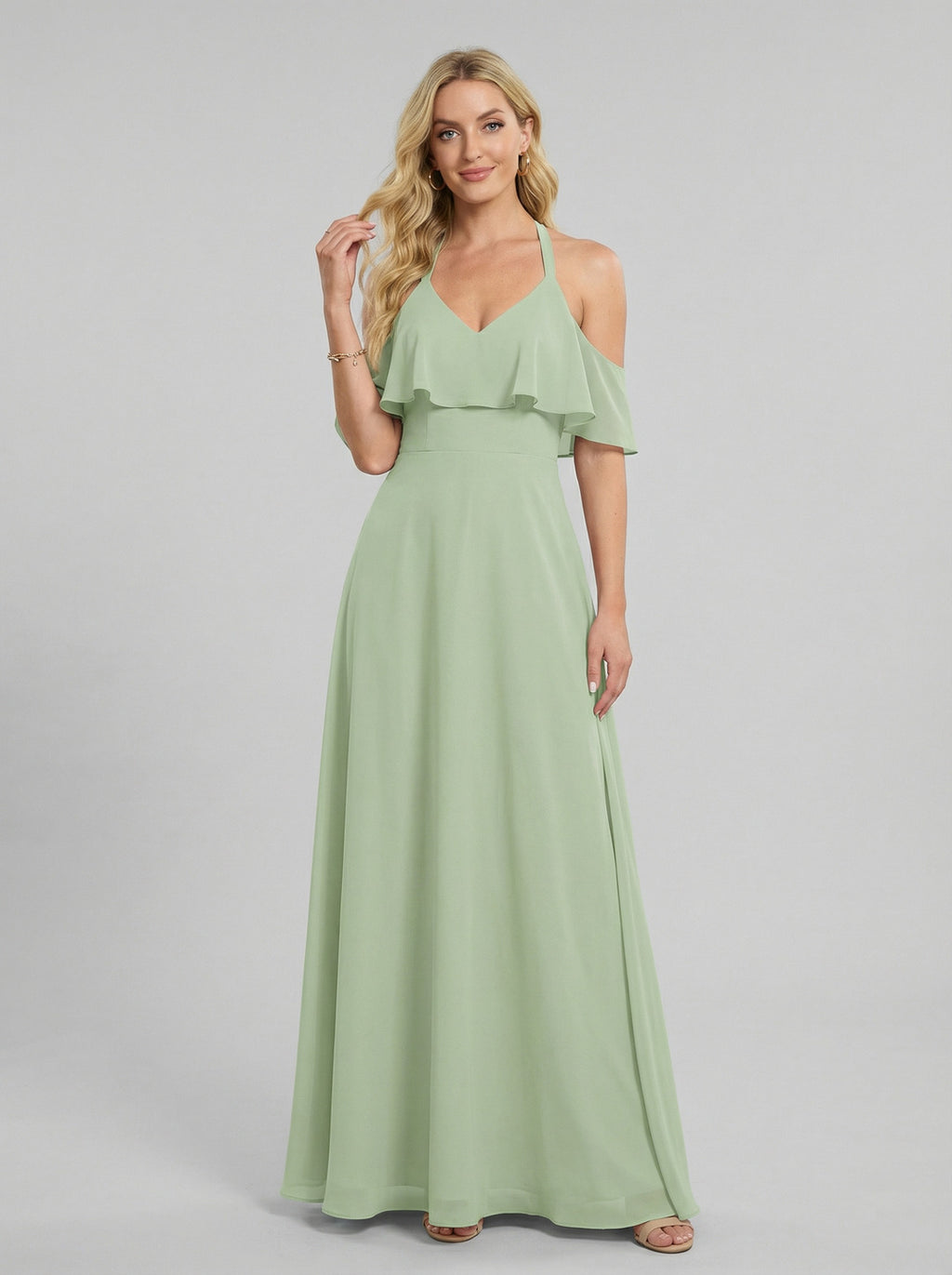 Sweet & Flowy Dusty Sage Chiffon A-Line Sweetheart V-Back Ankle-Length Bridesmaid Dress