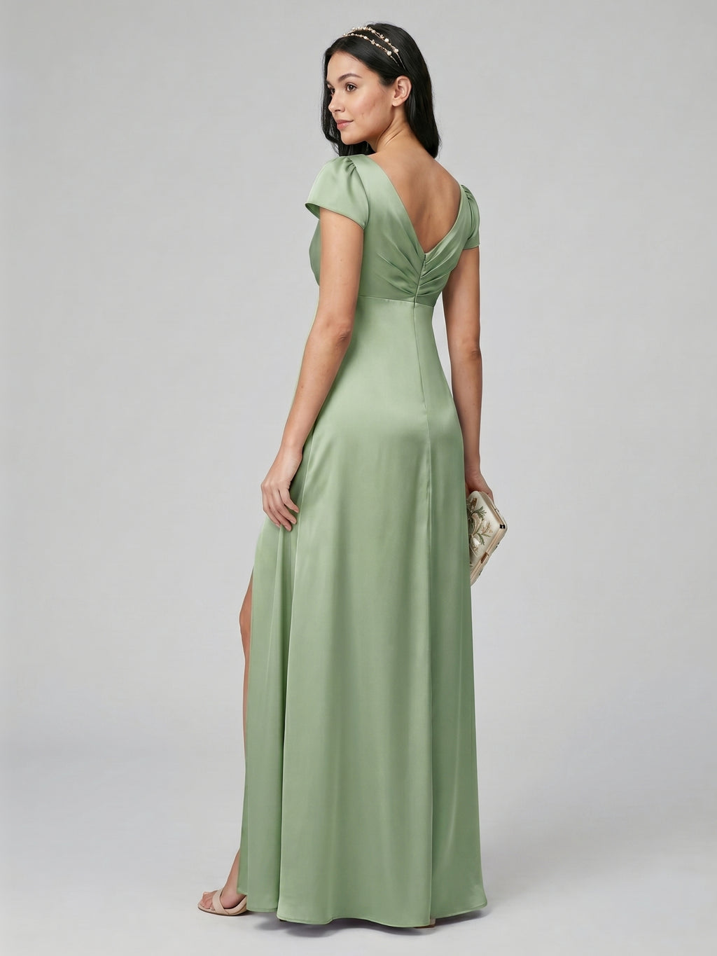 Sweet & Flowy Dusty Sage Chiffon A-Line V-Neck V-Back Ankle-Length Bridesmaid Dress