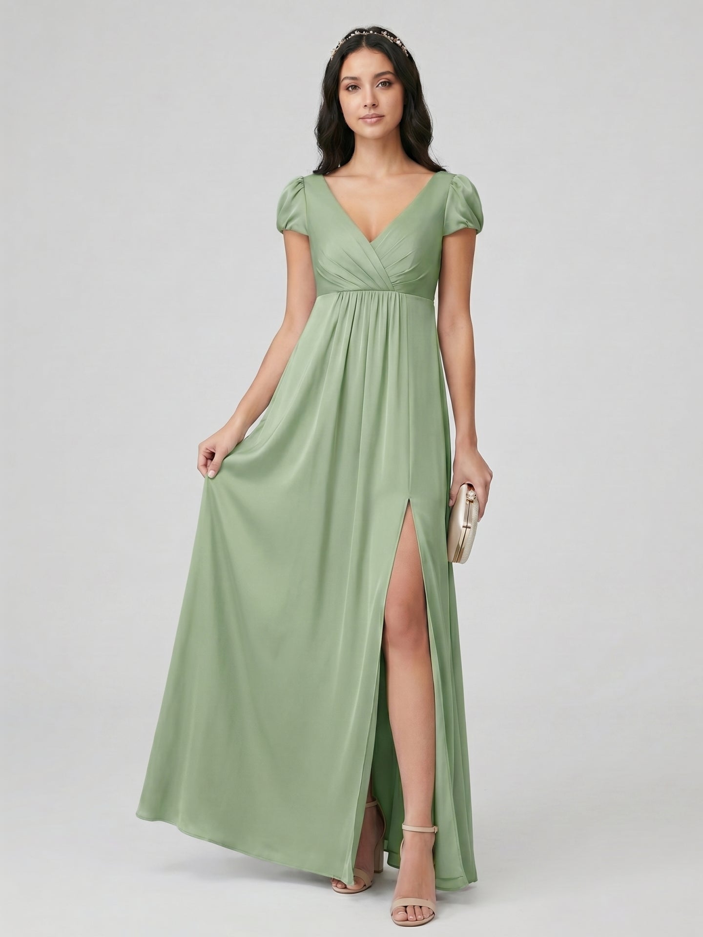 Sweet & Flowy Dusty Sage Chiffon A-Line V-Neck V-Back Ankle-Length Bridesmaid Dress