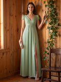 Sweet & Flowy Dusty Sage Chiffon A-Line V-Neck V-Back Ankle-Length Bridesmaid Dress