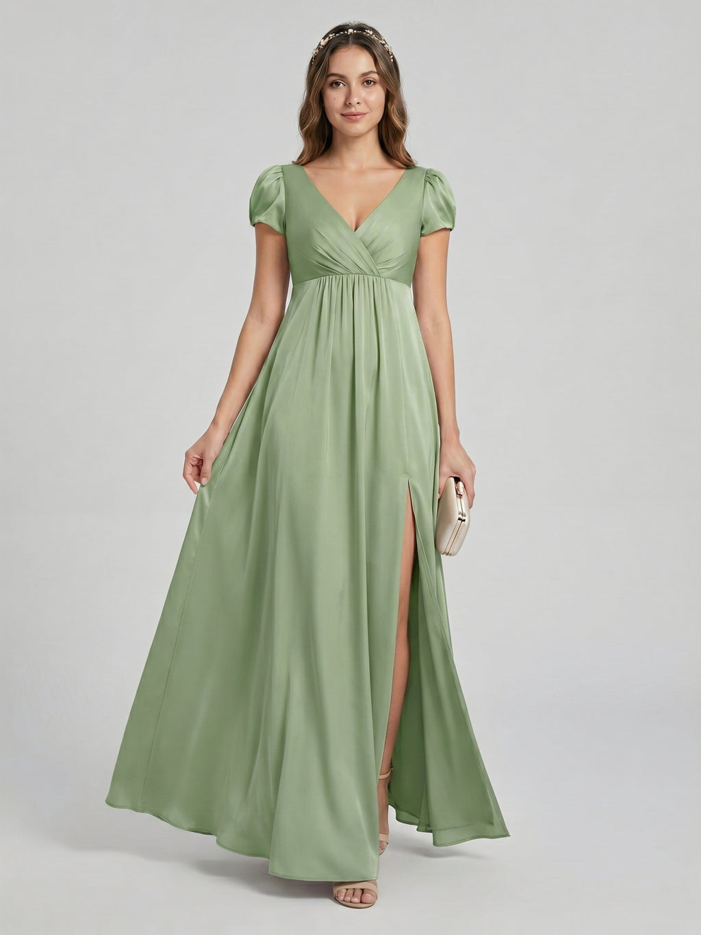 Sweet & Flowy Dusty Sage Chiffon A-Line V-Neck V-Back Ankle-Length Bridesmaid Dress
