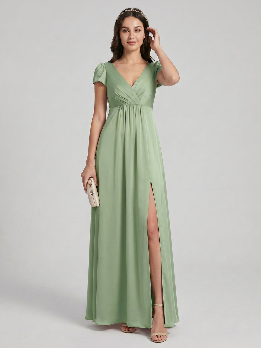 Sweet & Flowy Dusty Sage Chiffon A-Line V-Neck V-Back Ankle-Length Bridesmaid Dress