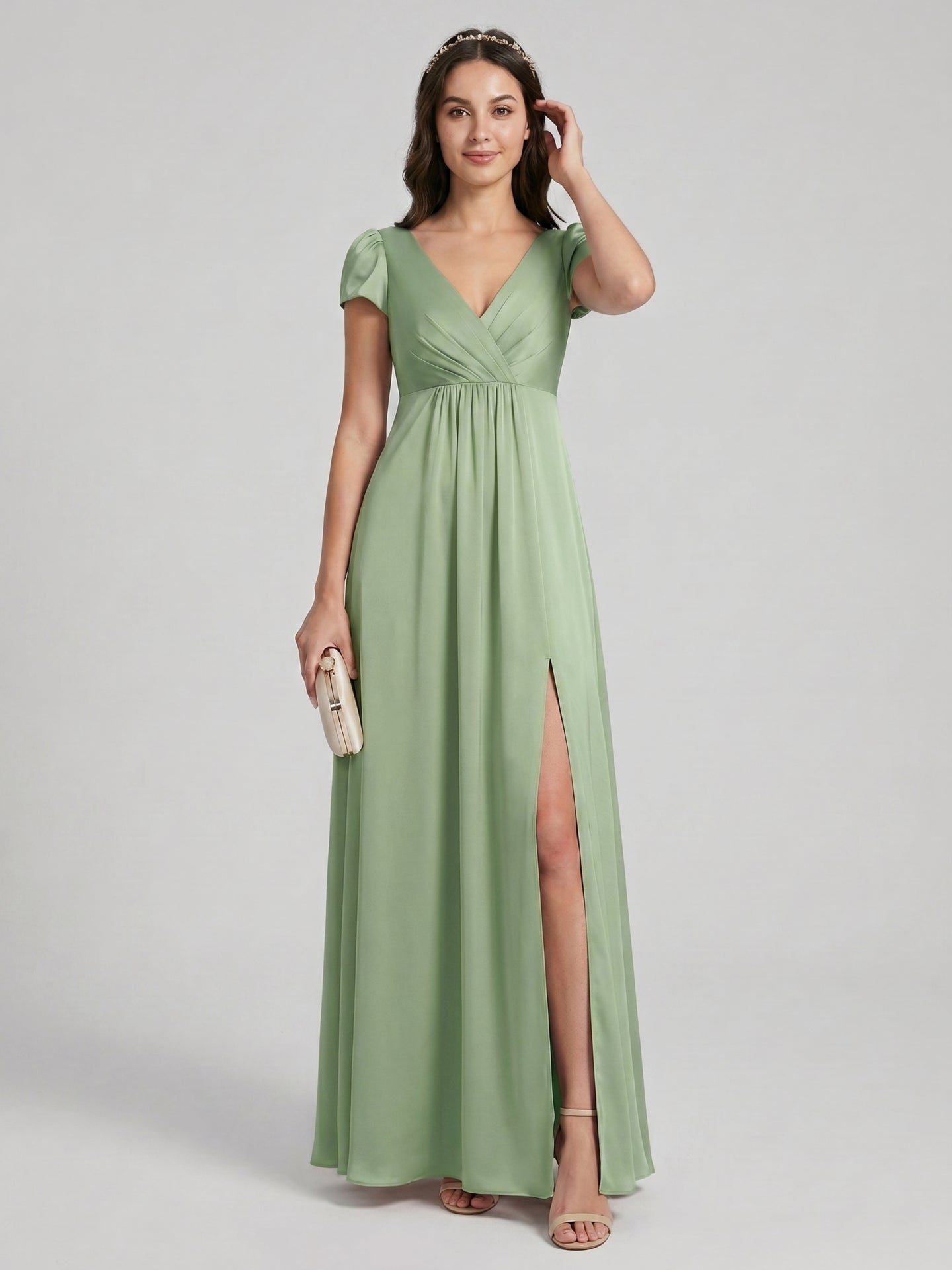 Sweet & Flowy Dusty Sage Chiffon A-Line V-Neck V-Back Ankle-Length Bridesmaid Dress