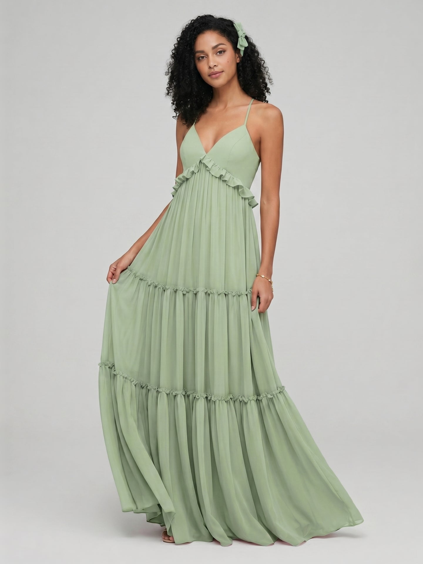 Sweet & Flowy Dusty Sage Chiffon Empire Sweetheart Ankle-Length Bridesmaid Dress with Minimalist Design