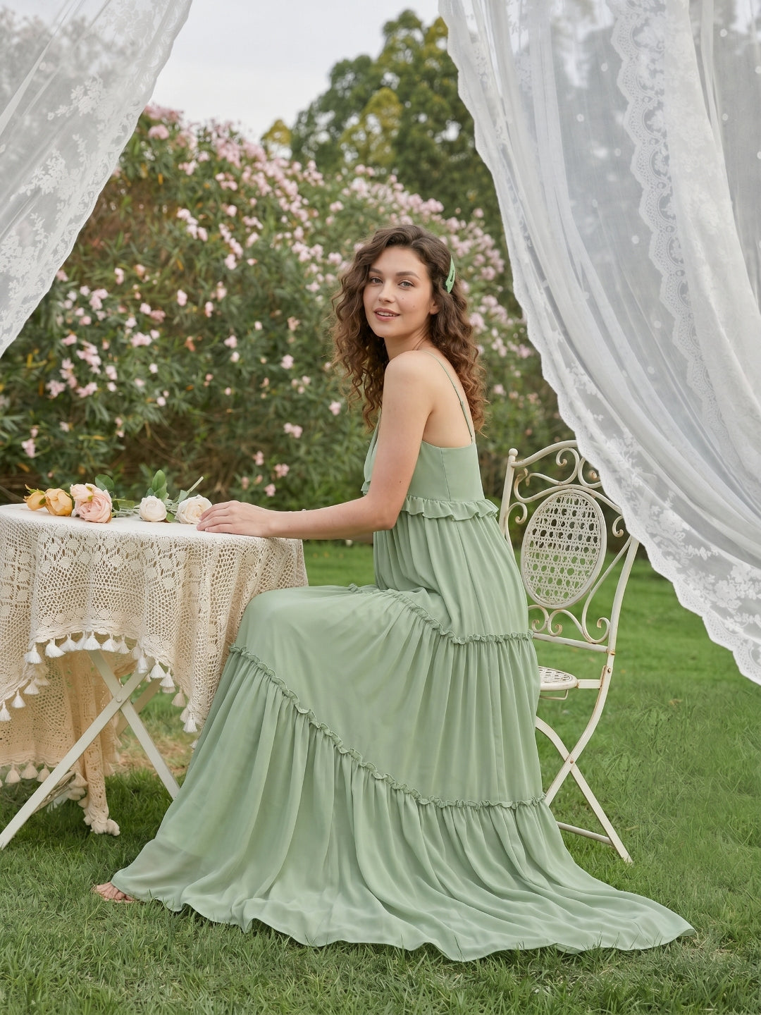 Sweet & Flowy Dusty Sage Chiffon Empire Sweetheart Ankle-Length Bridesmaid Dress with Minimalist Design