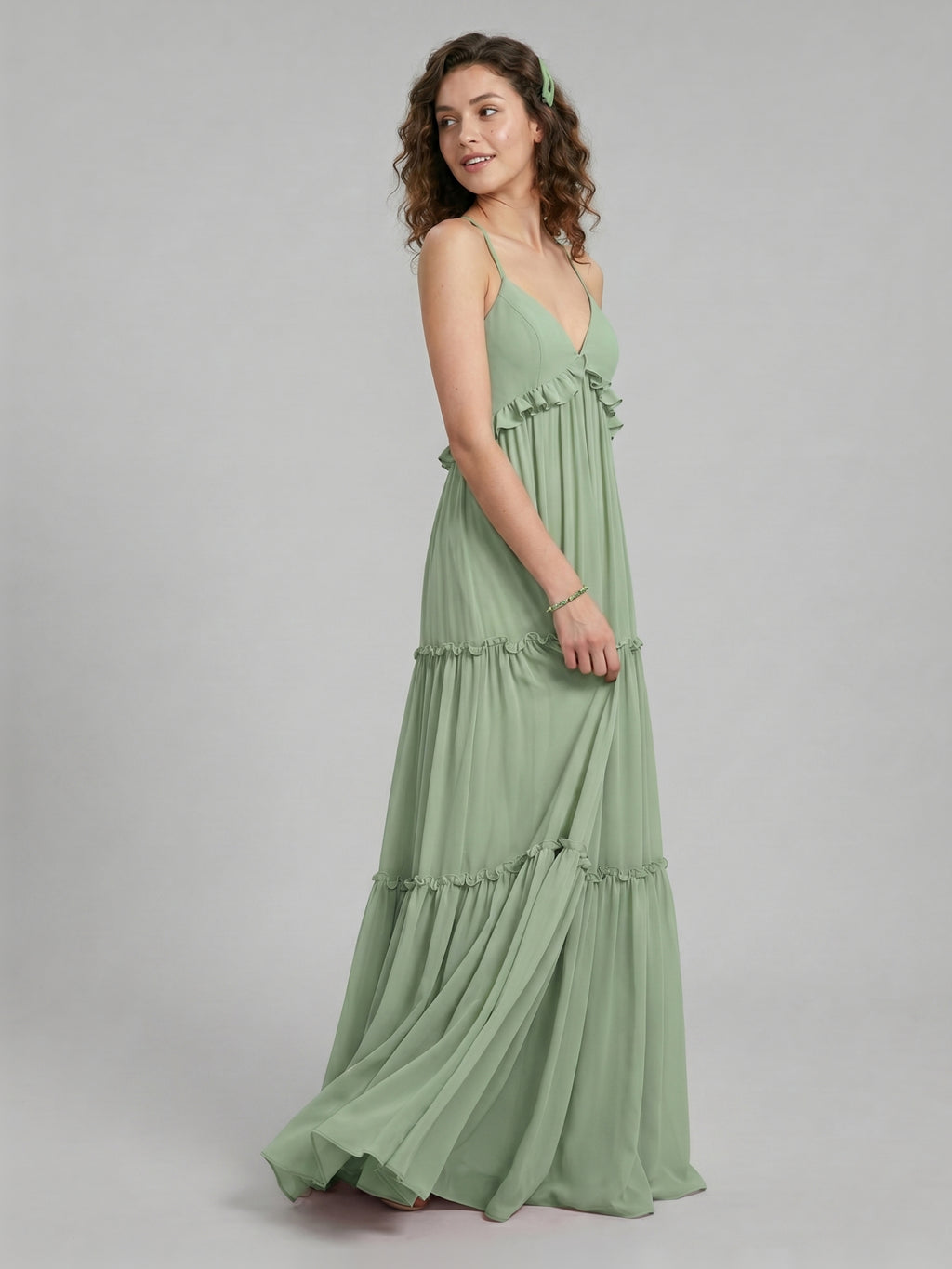 Sweet & Flowy Dusty Sage Chiffon Empire Sweetheart Ankle-Length Bridesmaid Dress with Minimalist Design