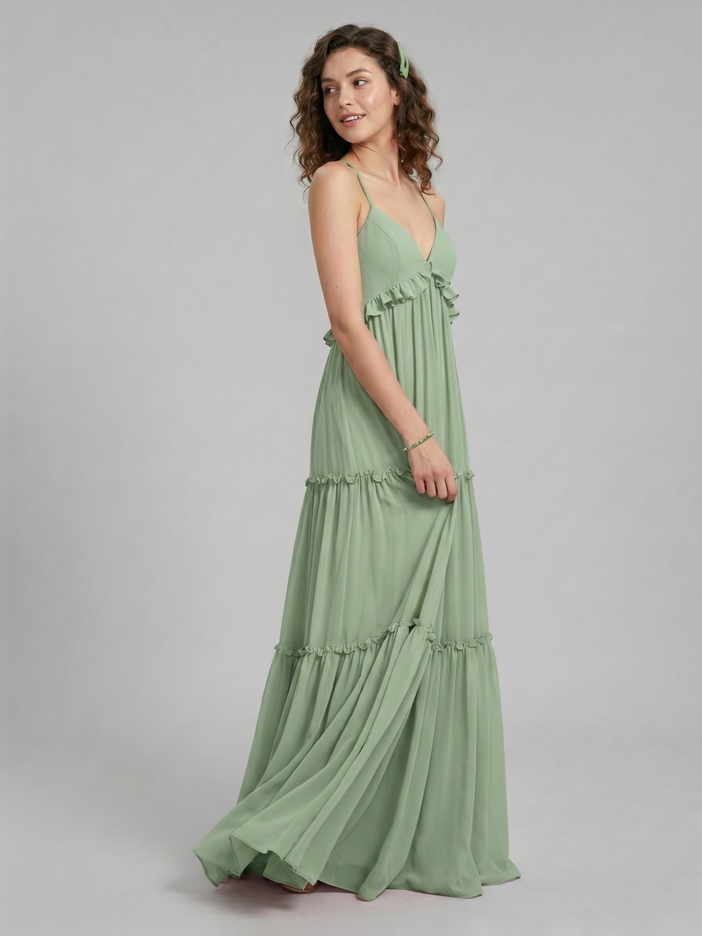 Sweet & Flowy Dusty Sage Chiffon Empire Sweetheart Ankle-Length Bridesmaid Dress with Minimalist Design