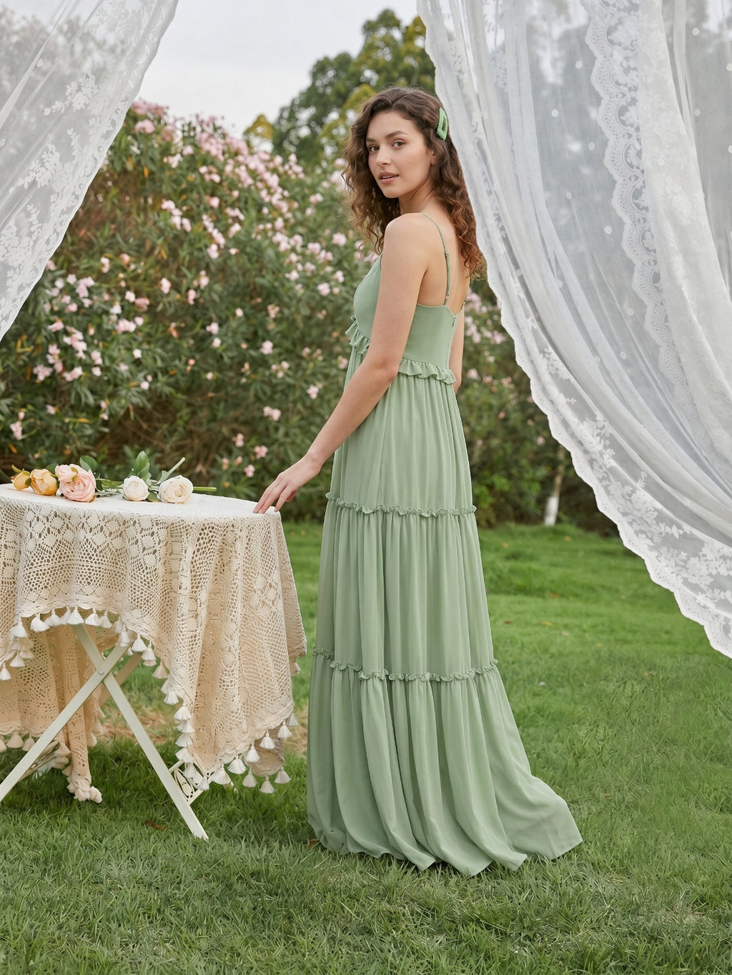 Sweet & Flowy Dusty Sage Chiffon Empire Sweetheart Ankle-Length Bridesmaid Dress with Minimalist Design
