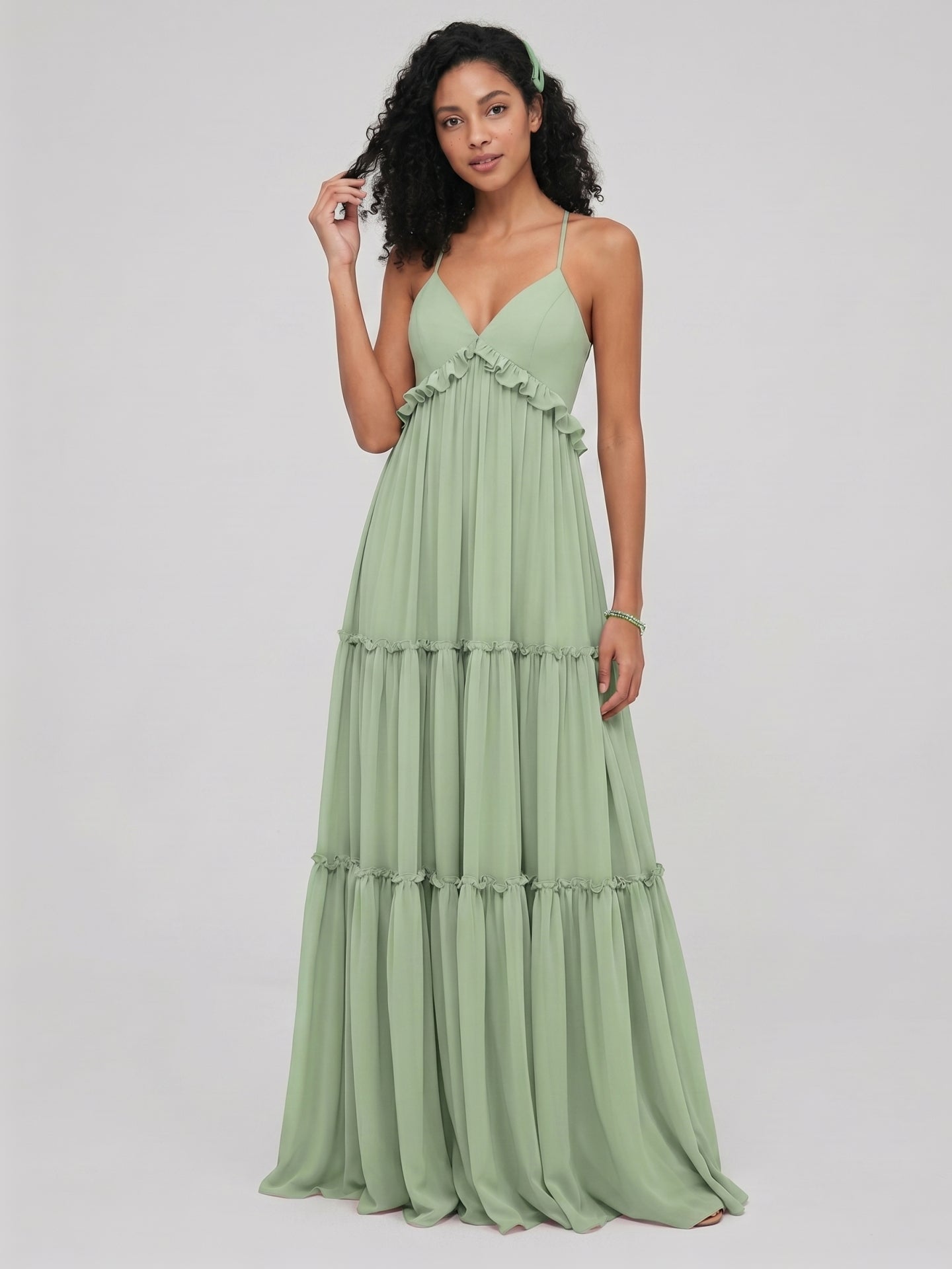 Sweet & Flowy Dusty Sage Chiffon Empire Sweetheart Ankle-Length Bridesmaid Dress with Minimalist Design