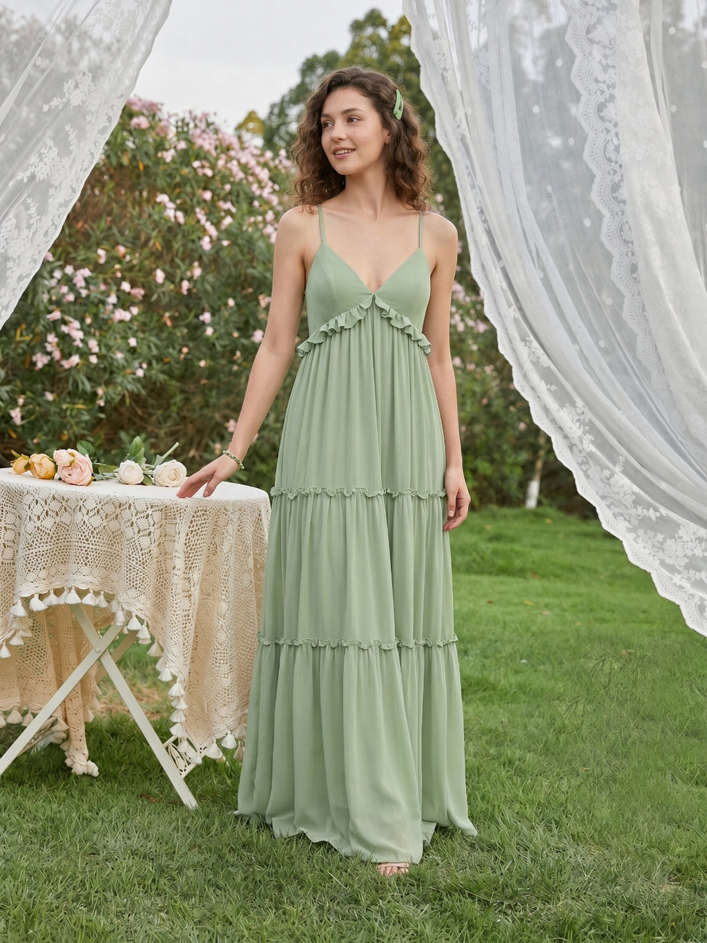 Sweet & Flowy Dusty Sage Chiffon Empire Sweetheart Ankle-Length Bridesmaid Dress with Minimalist Design