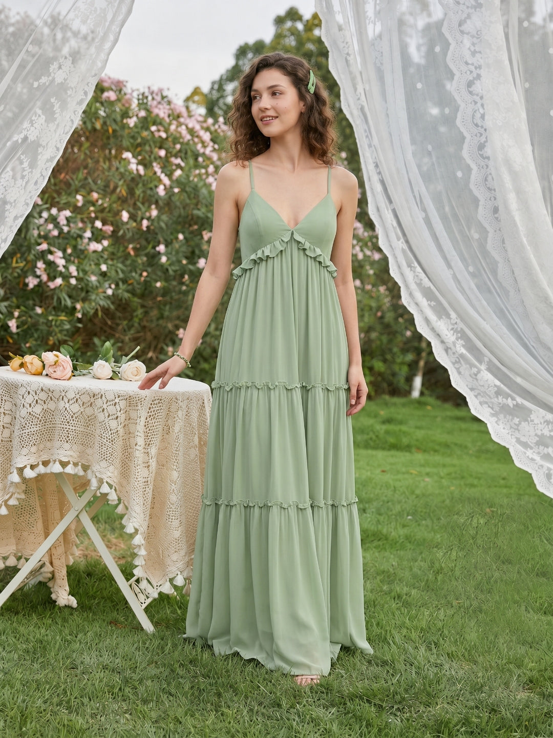 Sweet & Flowy Dusty Sage Chiffon Empire Sweetheart Ankle-Length Bridesmaid Dress with Minimalist Design