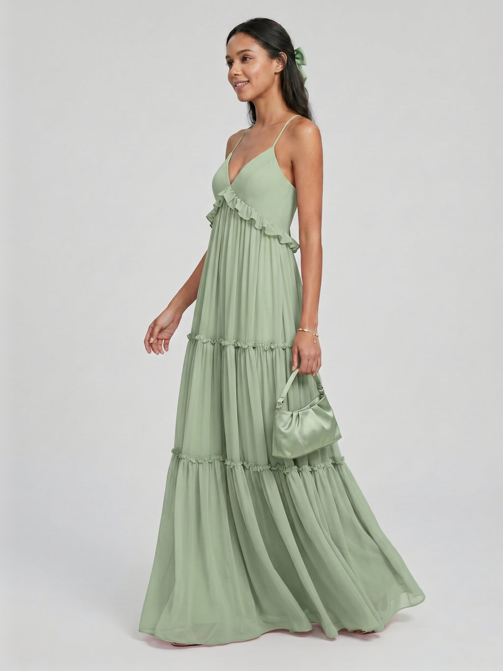 Sweet & Flowy Dusty Sage Chiffon Empire Sweetheart Ankle-Length Bridesmaid Dress with Minimalist Design