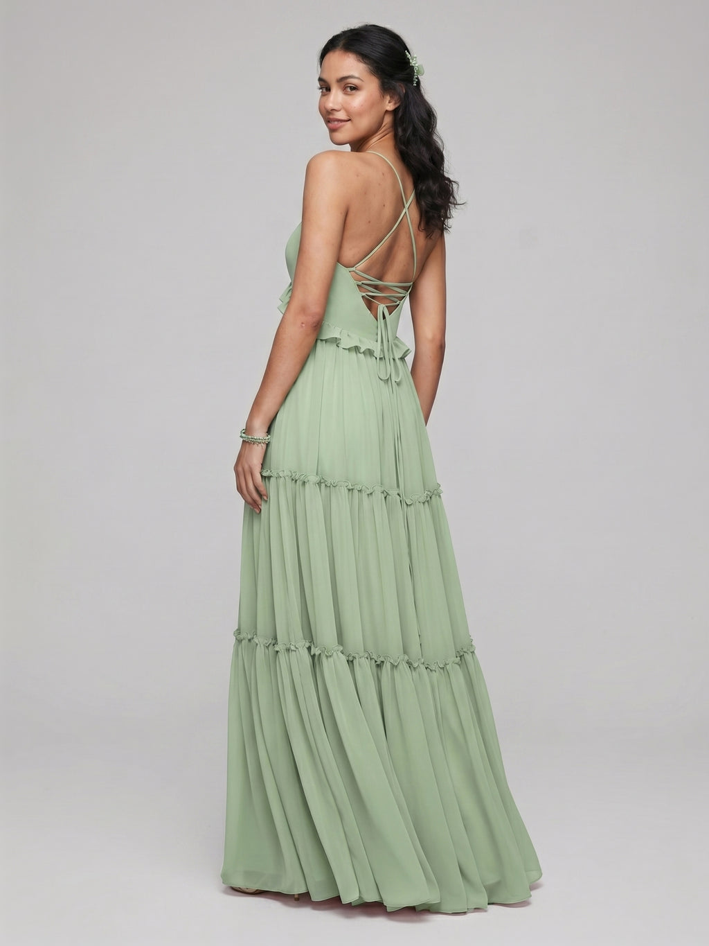 Sweet & Flowy Dusty Sage Chiffon Empire Sweetheart Ankle-Length Bridesmaid Dress with Minimalist Design