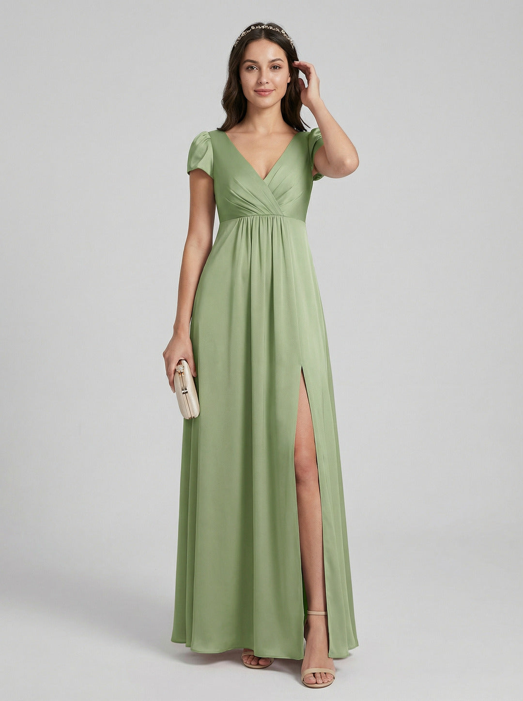 Sweet & Flowy Dusty Sage Chiffon A-Line V-Neck V-Back Ankle-Length Bridesmaid Dress