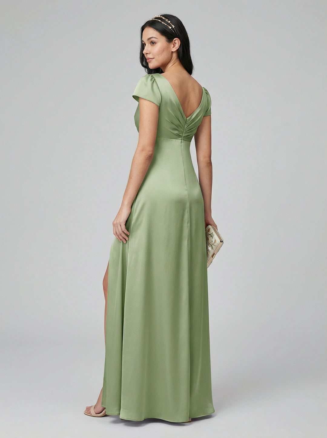 Sweet & Flowy Dusty Sage Chiffon A-Line V-Neck V-Back Ankle-Length Bridesmaid Dress