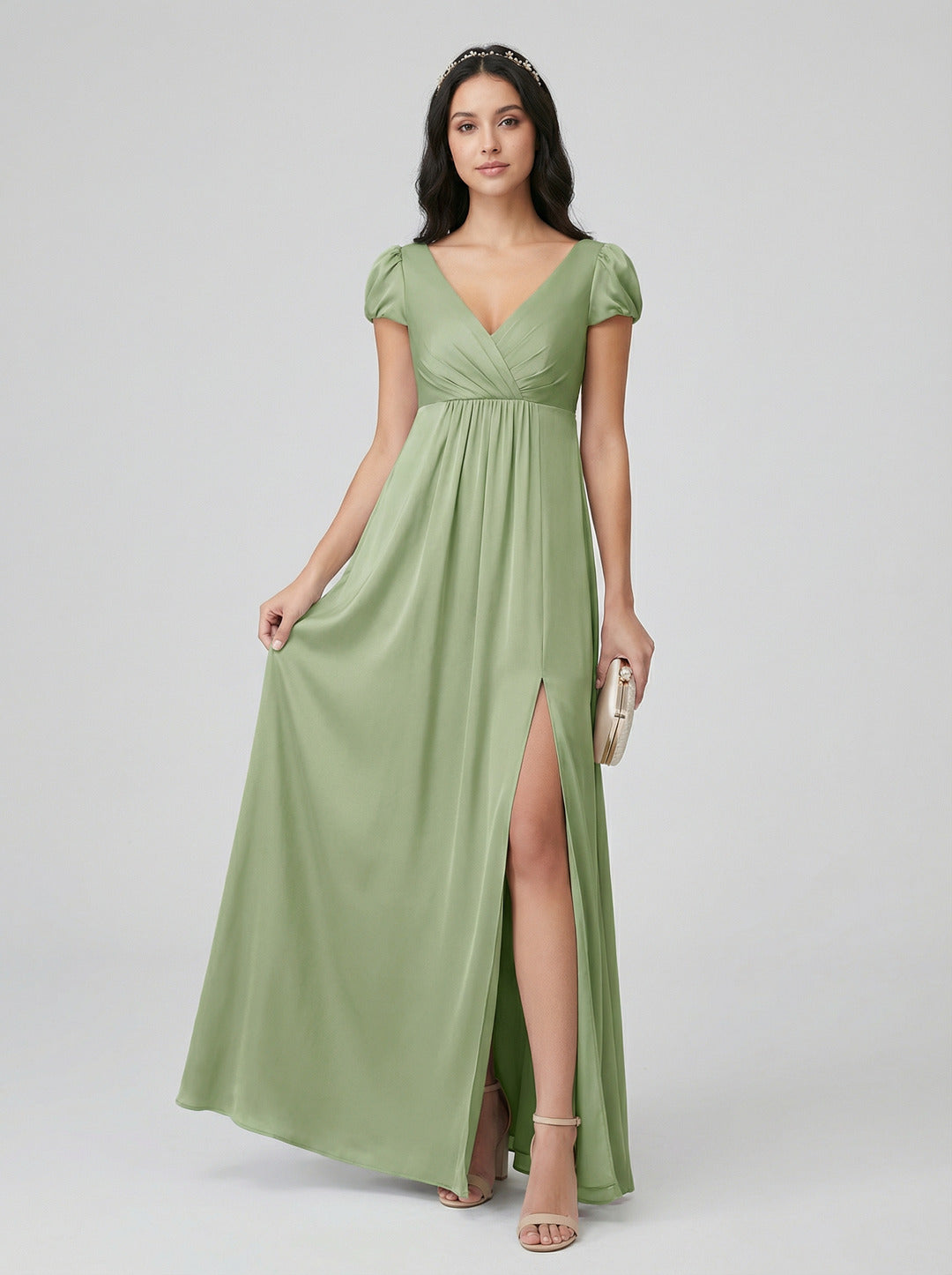 Sweet & Flowy Dusty Sage Chiffon A-Line V-Neck V-Back Ankle-Length Bridesmaid Dress