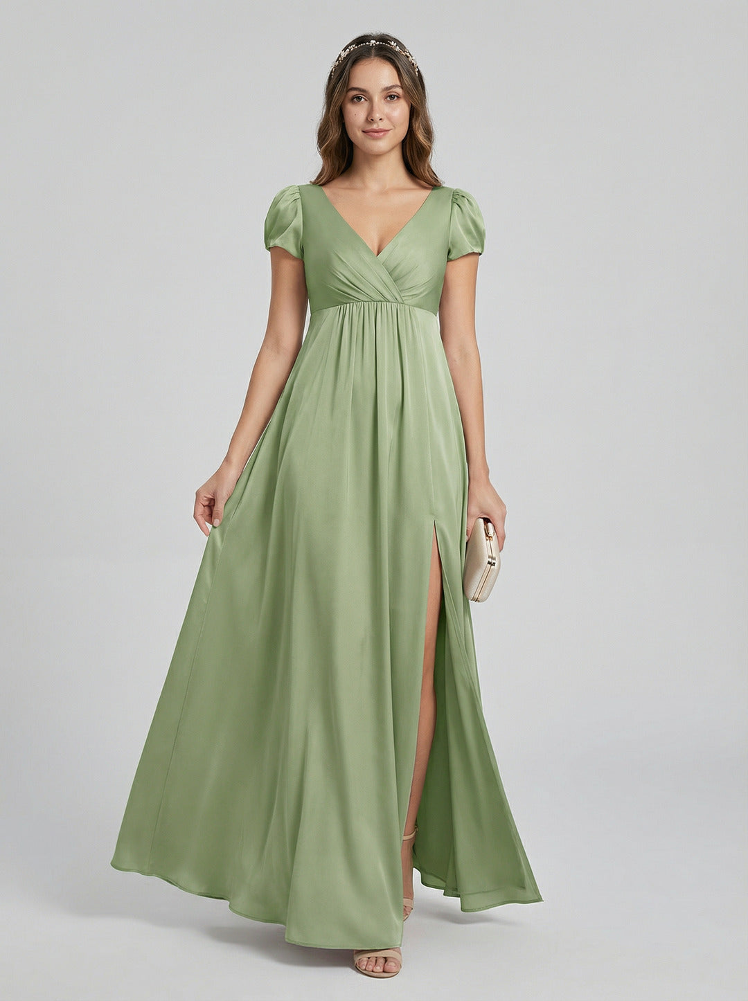 Sweet & Flowy Dusty Sage Chiffon A-Line V-Neck V-Back Ankle-Length Bridesmaid Dress