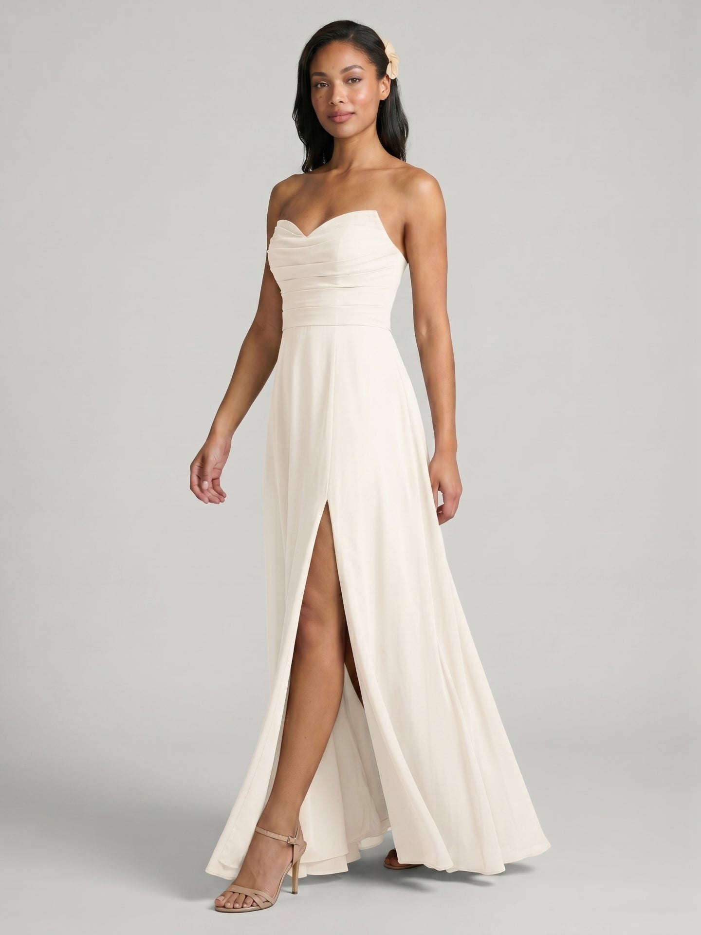 Sweet & Flowy Ivory Chiffon A-Line Sweetheart Criss-Cross Straps with Pleated Ankle-Length Bridesmaid Dress