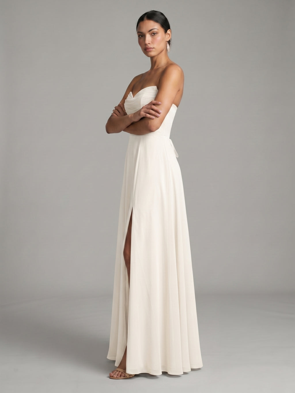 Sweet & Flowy Ivory Chiffon A-Line Sweetheart Criss-Cross Straps with Pleated Ankle-Length Bridesmaid Dress