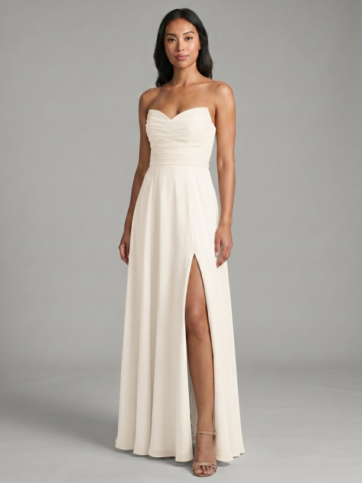 Sweet & Flowy Ivory Chiffon A-Line Sweetheart Criss-Cross Straps with Pleated Ankle-Length Bridesmaid Dress