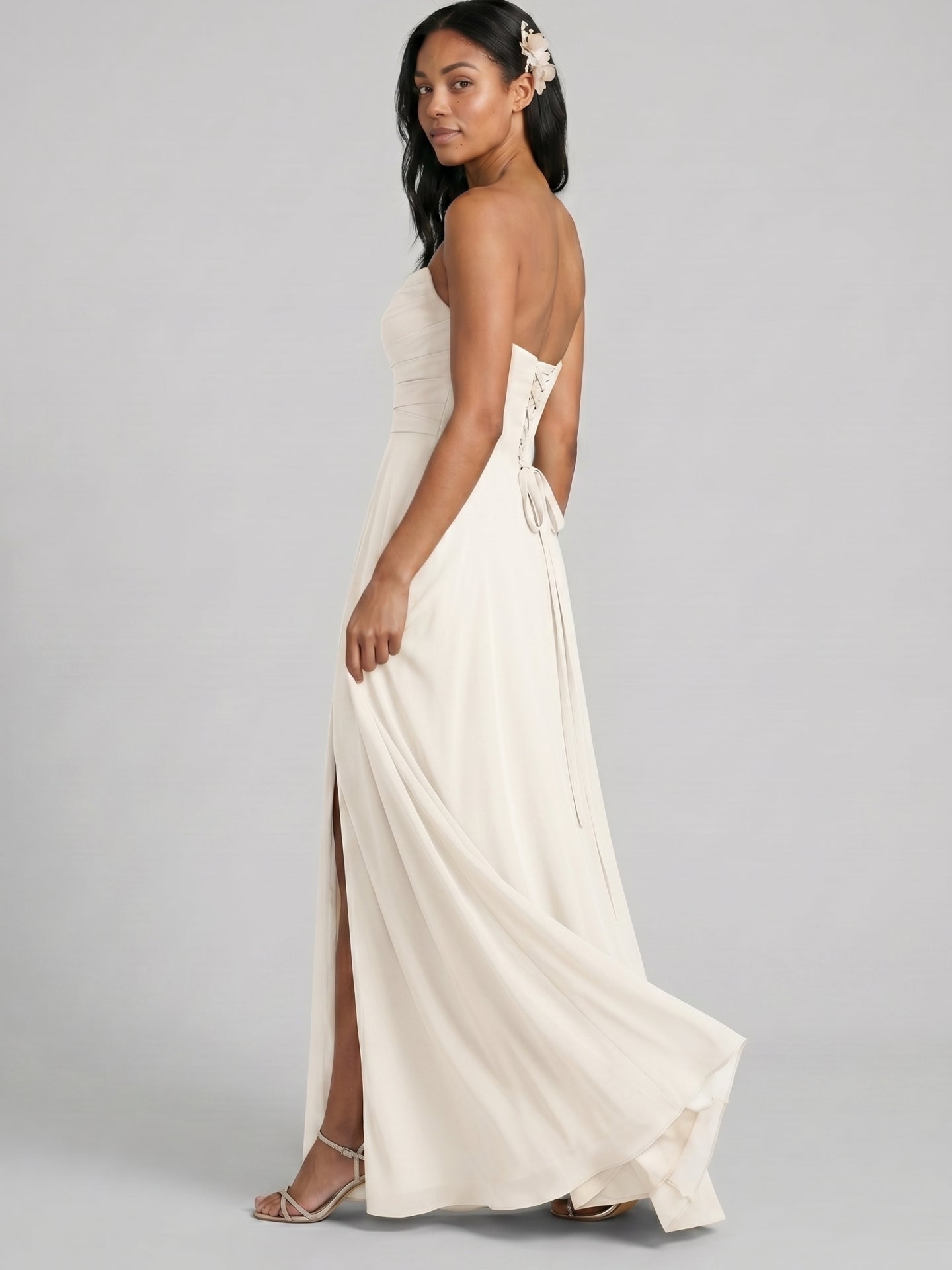 Sweet & Flowy Ivory Chiffon A-Line Sweetheart Criss-Cross Straps with Pleated Ankle-Length Bridesmaid Dress
