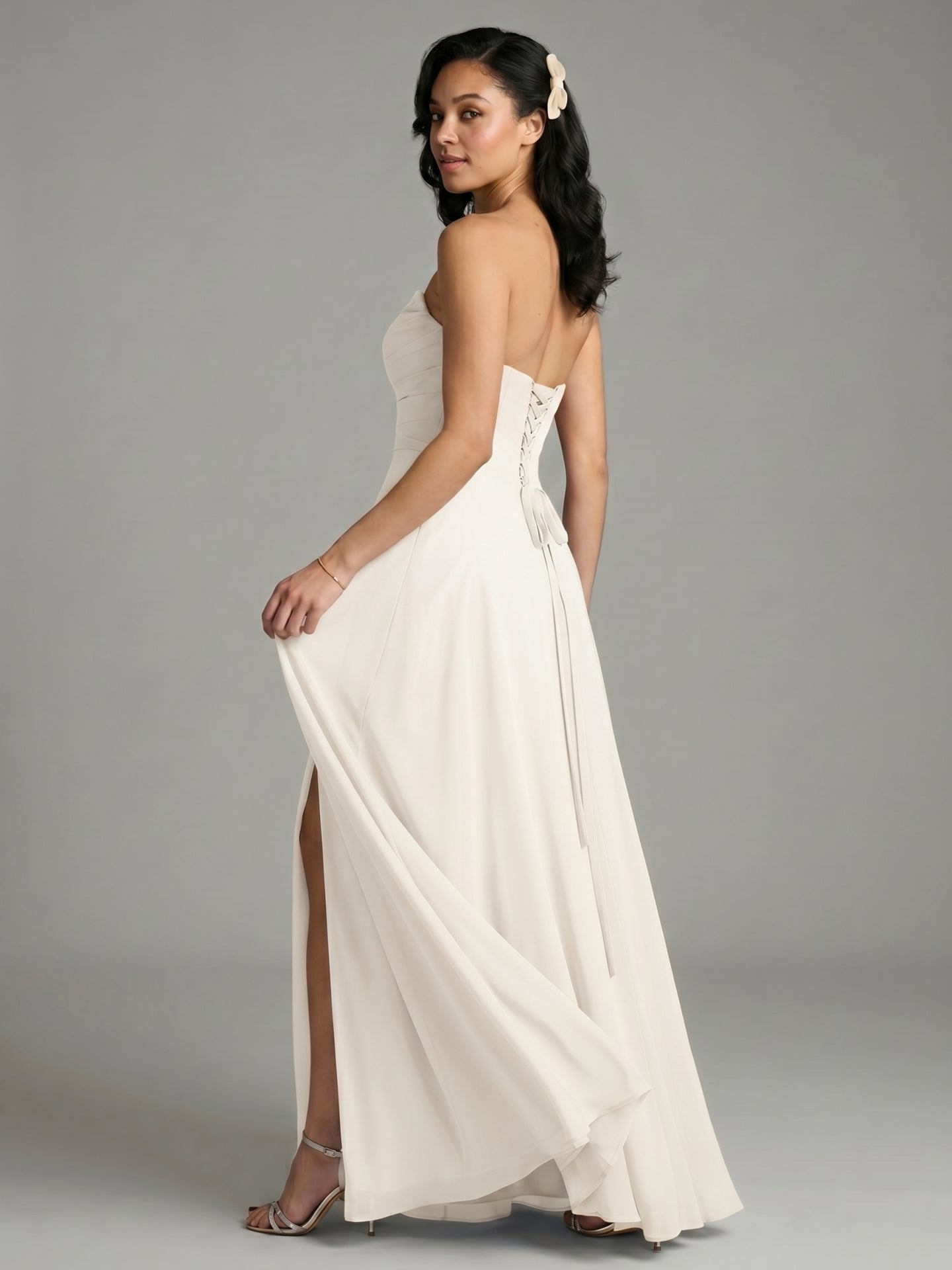 Sweet & Flowy Ivory Chiffon A-Line Sweetheart Criss-Cross Straps with Pleated Ankle-Length Bridesmaid Dress